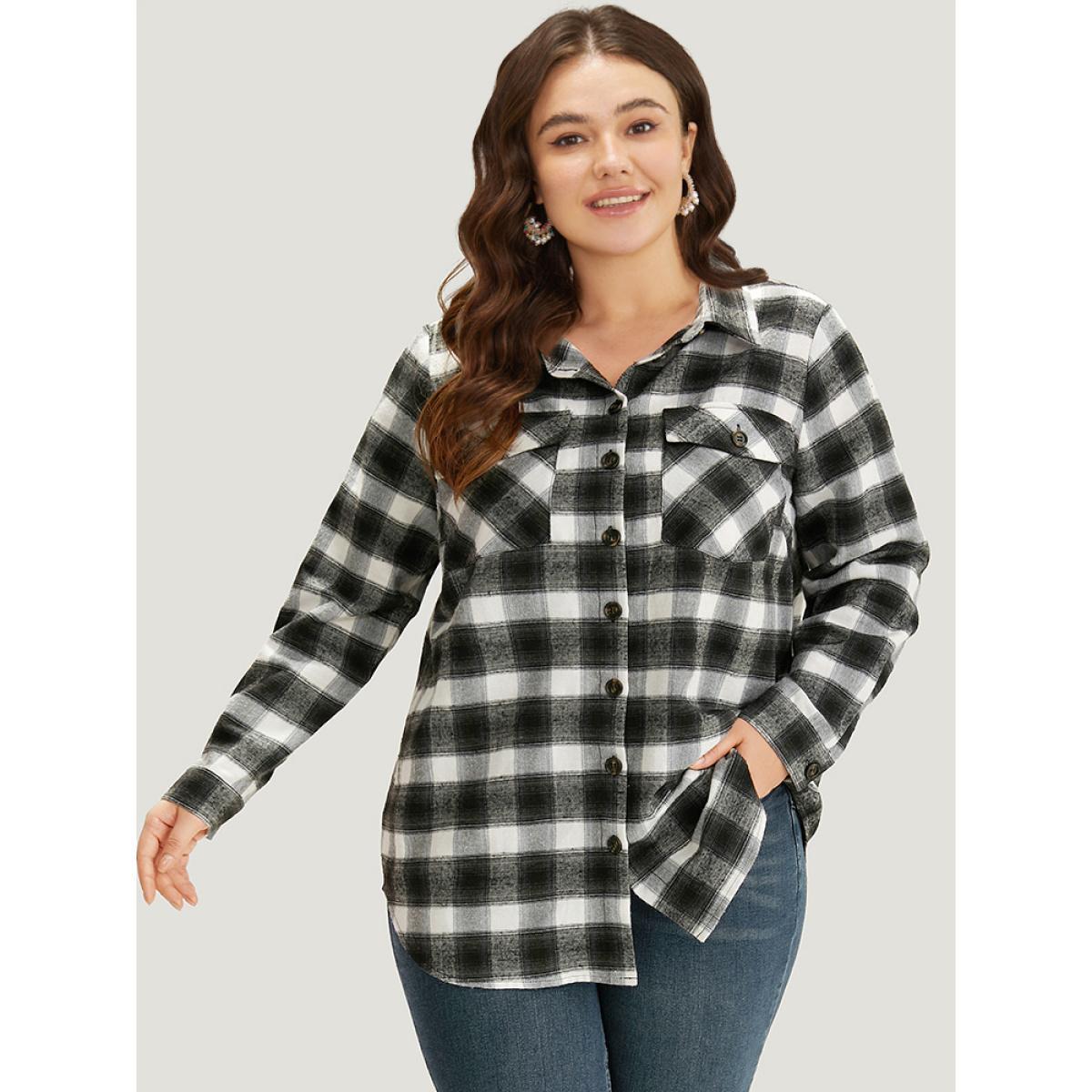 Plus Size Plaid Arc Hem Pocket Button Through Shirt Collar Coat Women Black Casual Arc Hem Ladies Dailywear Winter Coats BloomChic 12/L Product Image