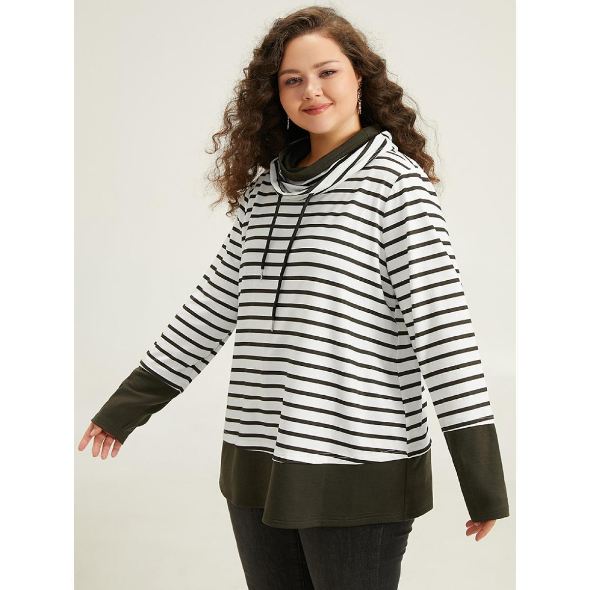 Plus Size Halloween Striped Patchwork Contrast Drawstring Sweatshirt Women Green Casual Contrast Turtleneck Festival-Halloween Sweatshirts BloomChic 14-16/1X Product Image