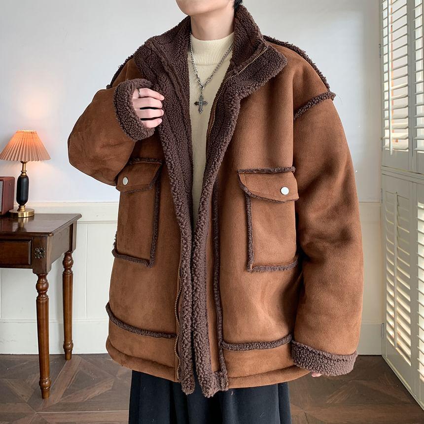 Stand Collar Faux Shearling Zip Jacket Product Image