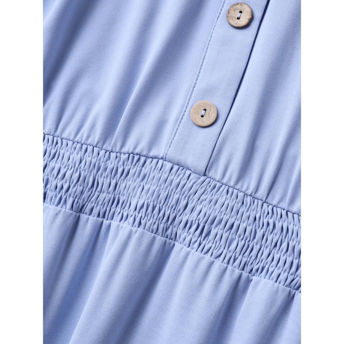 Plus Size Shirred Waist Button Detail Pockets Midi Dress LightBlue Women Notched collar Cap Sleeve Curvy BloomChic 26/4X Product Image