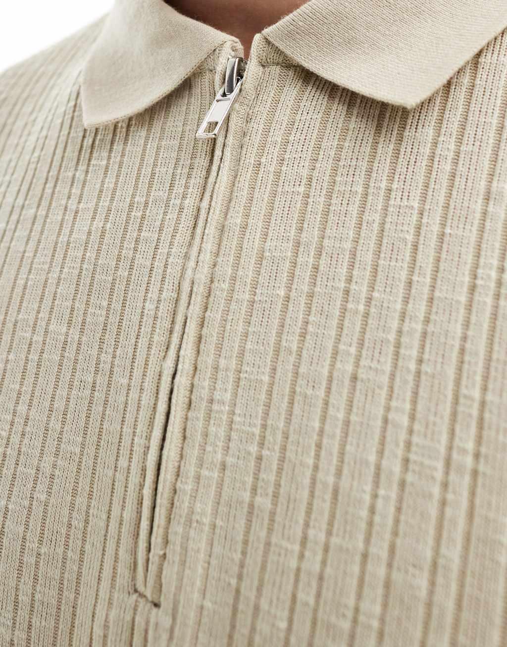 ASOS DESIGN relaxed rib polo with zip up collar in stone  Product Image