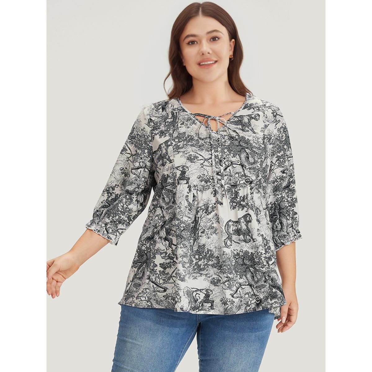 Plus Size Black Print Knot Neck Lantern Sleeve Ruffle Hem Blouse Women Vacation Half Sleeve V-neck Dailywear Blouses BloomChic 22-24/3X Product Image