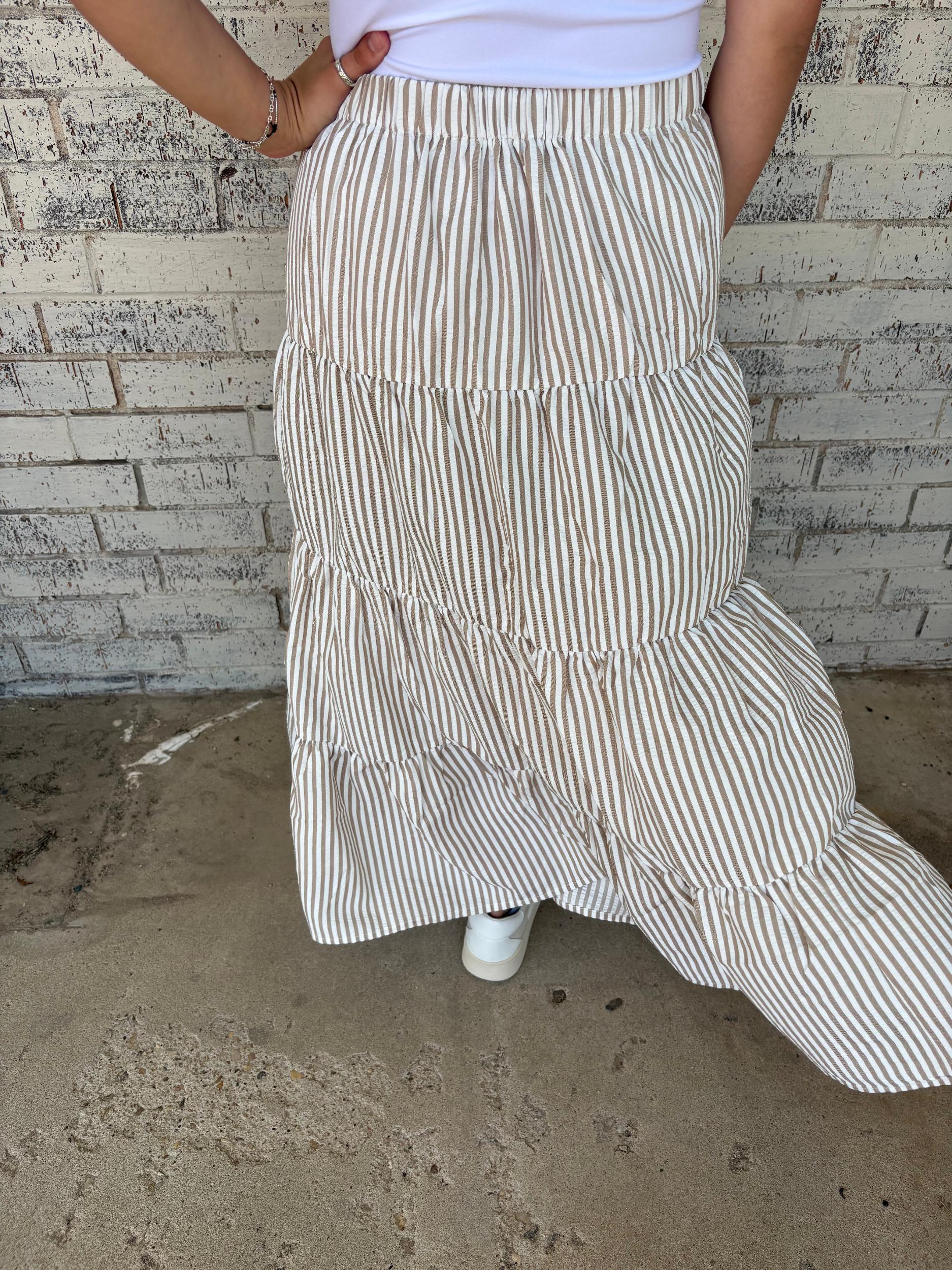 Bow Tie Tiered Taupe Stripe Maxi Skirt Product Image