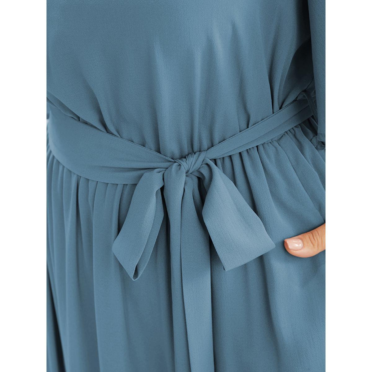 Plus Size Solid Keyhole Round Neck Pocket Belted Flutter Dress Stone Women Office Belted Round Neck Half Sleeve Curvy Midi Dress BloomChic 22-24/3X Product Image