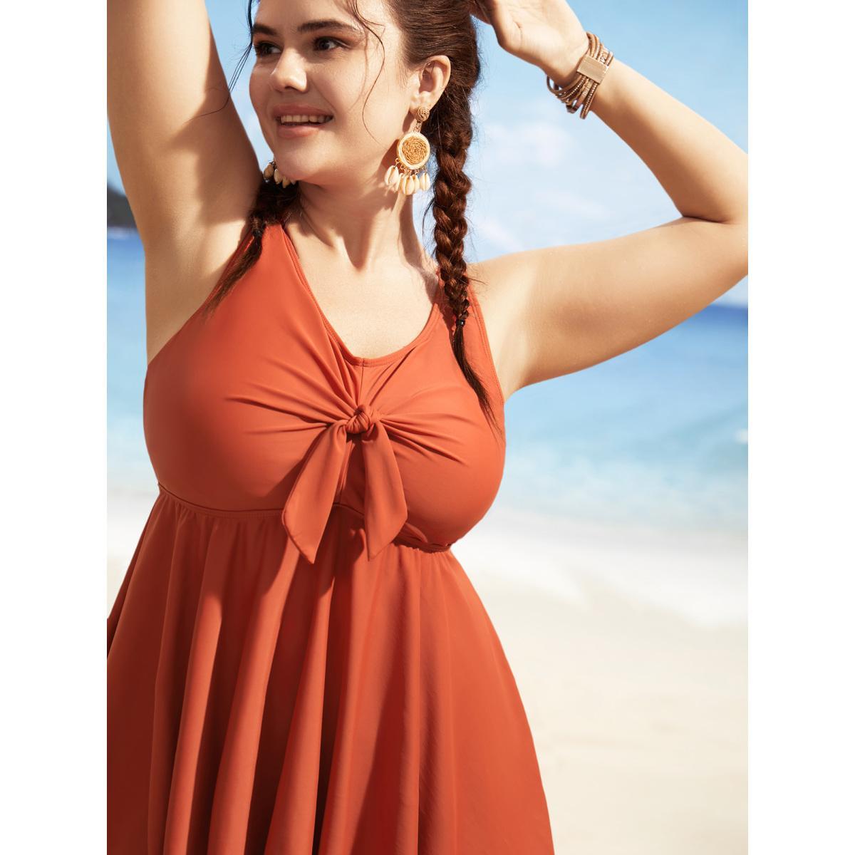 Plus Size V Neck Solid Tie knot Gathered Swim Top Women's Swimwear OrangeRed Beach Tie knot High stretch Bodycon V-neck Curve Swim Tops BloomChic 12/L Product Image