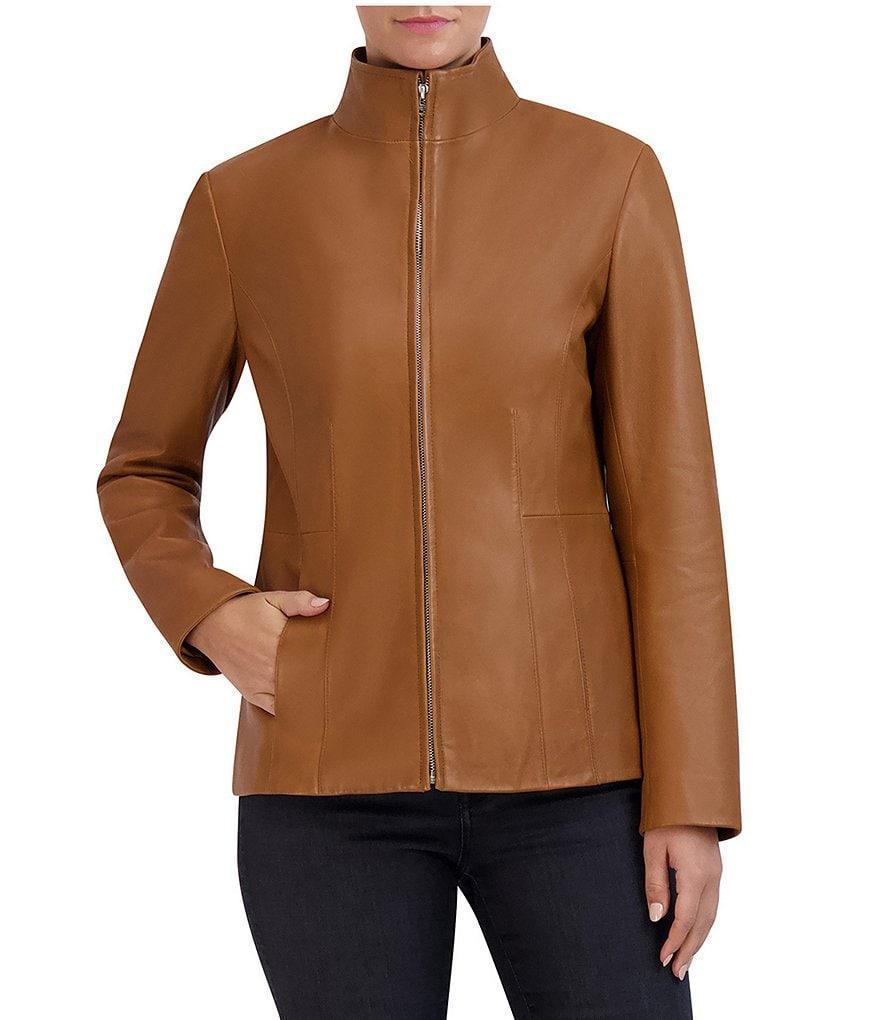 Cole Haan Single Breasted Wing Collar Long Sleeve Genuine Lambskin Leather Moto Jacket Product Image