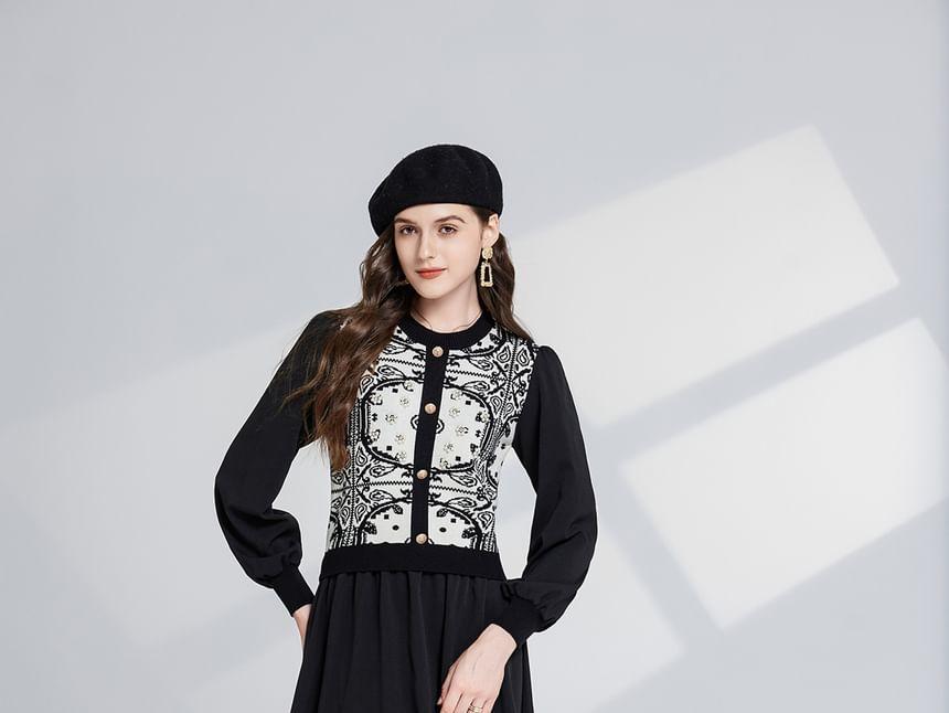 Long Sleeve Round Neck Patterned Beaded Panel Knit Midi A-Line Dress Product Image