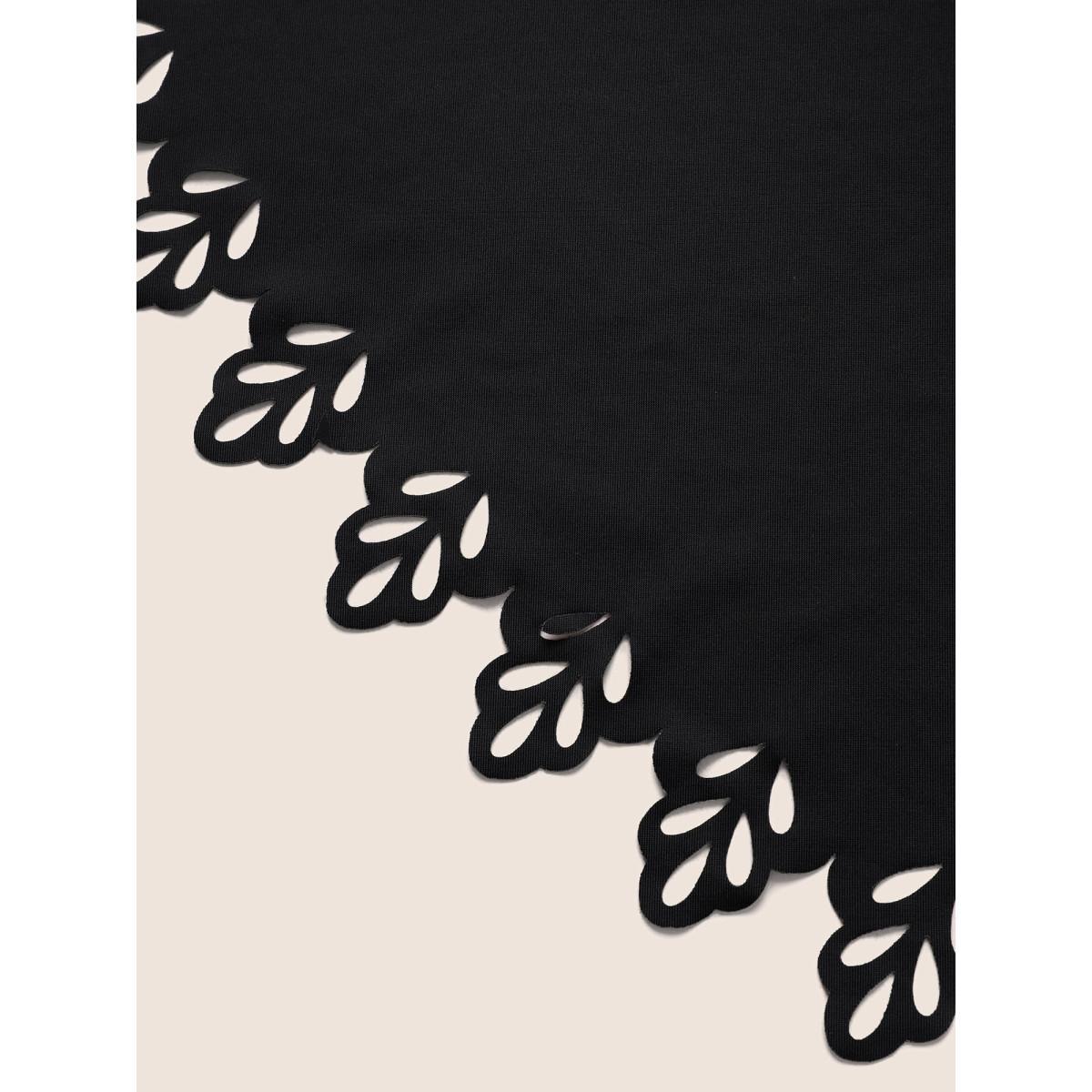 Plus Size Solid Ruffle Trim Laser Cut Swim Top Women's Swimwear Black Beach Cut-Out High stretch Bodycon U-neck Curve Swim Tops BloomChic 12/L Product Image