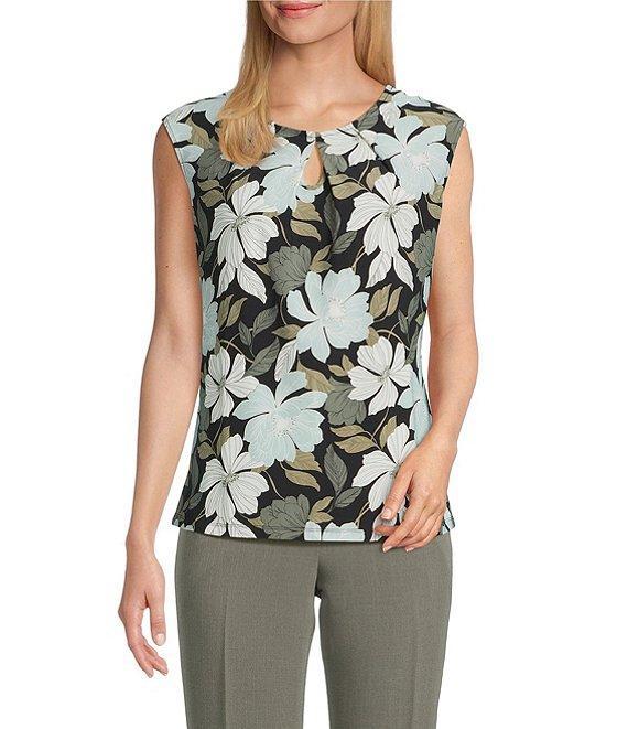 Kasper Key Petite Size Floral Keyhole Neck Cap Sleeve Top Product Image