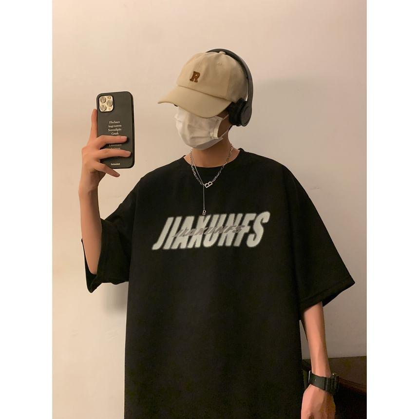 Short-Sleeve Crew Neck Lettering Print Faux Suede Tee Product Image