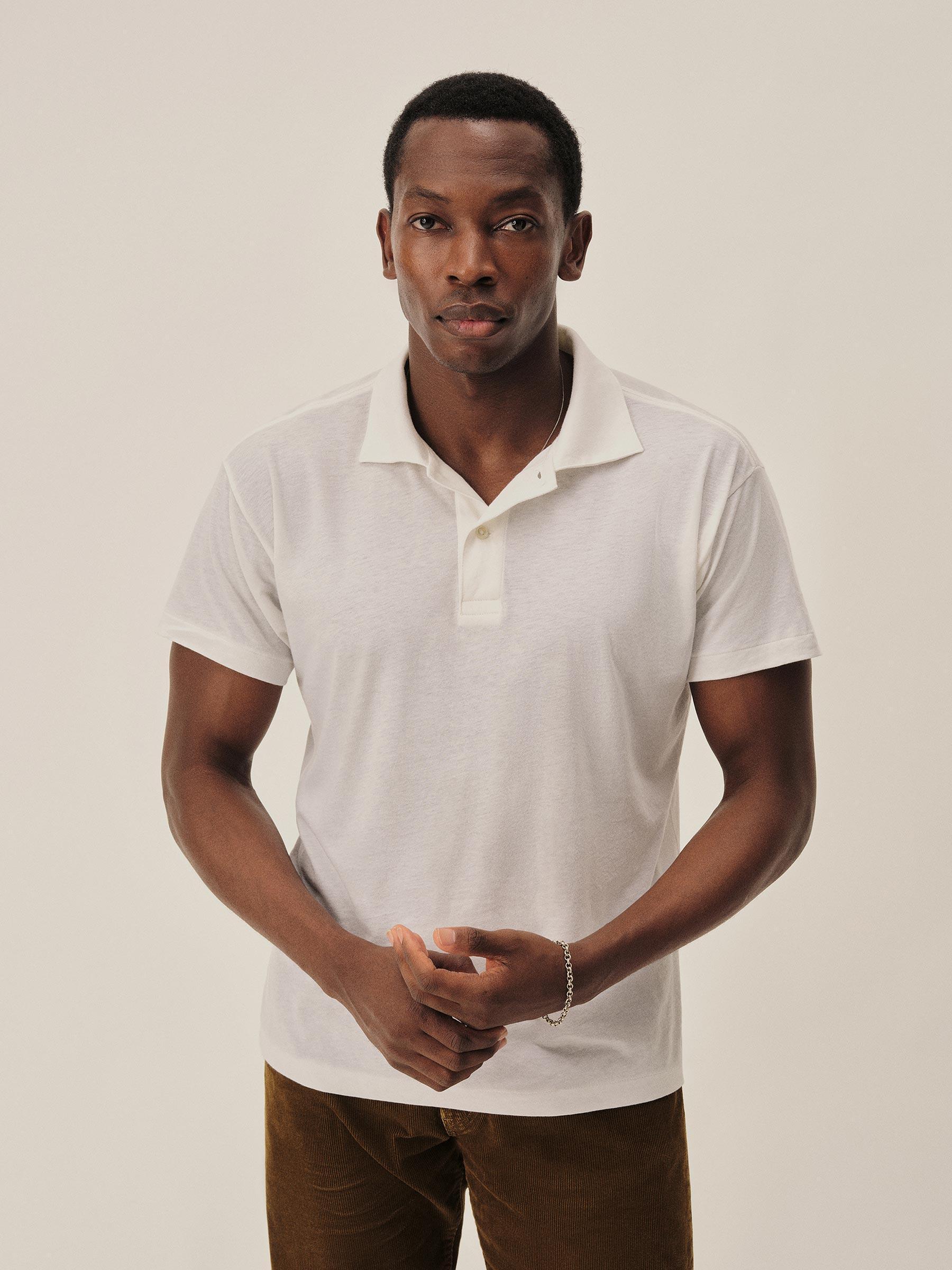 White Japanese De-Luxe Cotton Linen Knit S/S Polo Product Image