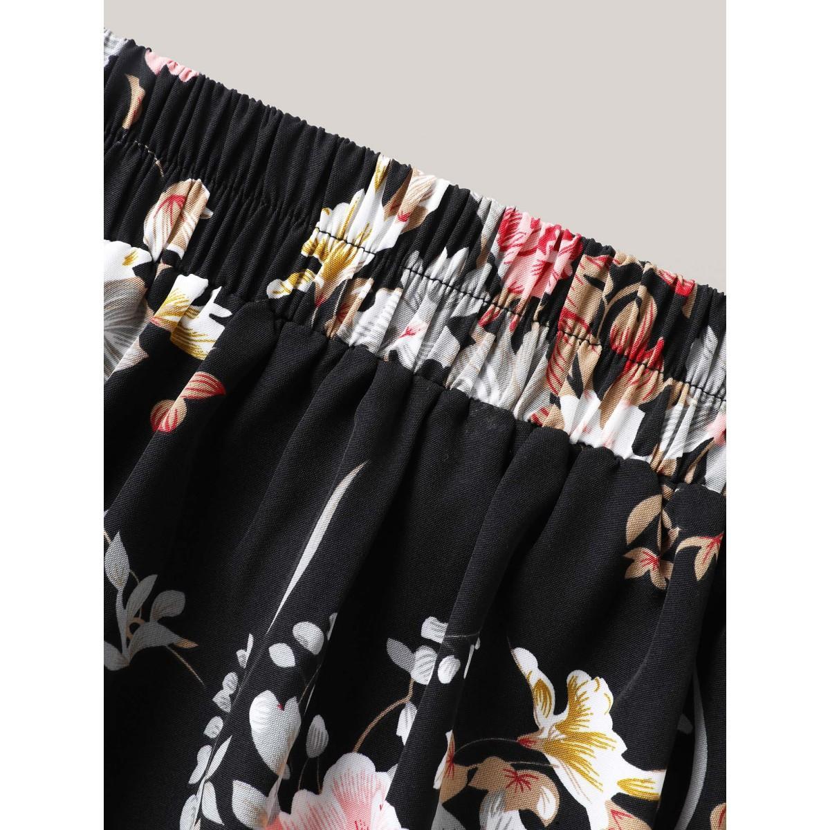 Plus Size Floral Print Pockets Wide-Leg Pants Women BlackFlower Elegant Wide Leg Mid Rise Everyday-Elegant Pants BloomChic 12/L Product Image