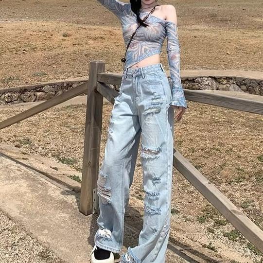 Long-Sleeve Off Shoulder Mesh Crop Top Product Image