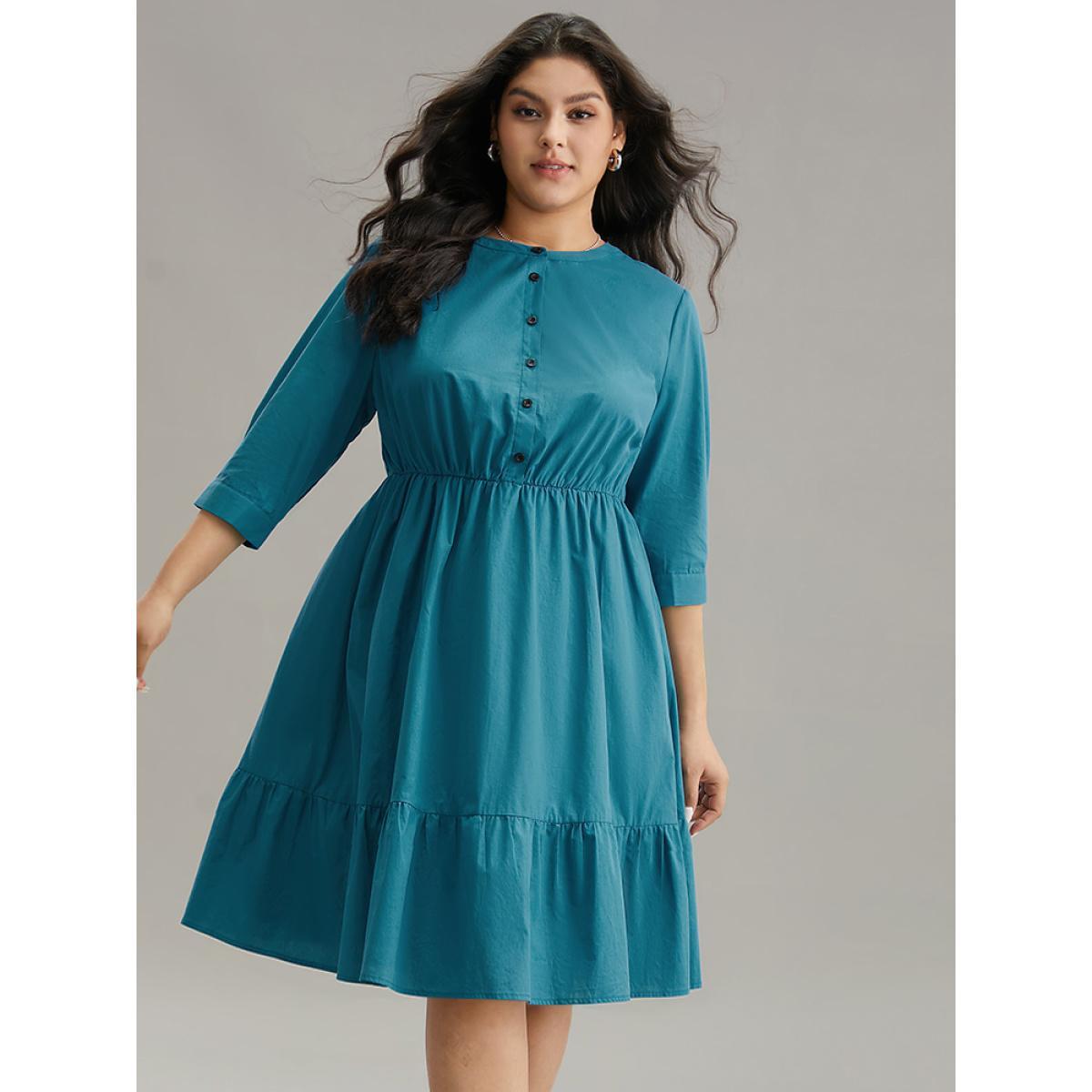 Plus Size Solid Button Up Ruffles Pocket Gathered Dress Aegean Women Office Plain Round Neck Elbow-length sleeve Curvy Midi Dress BloomChic 28/5X Product Image