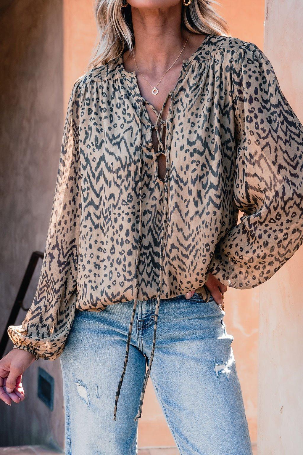 Black and Tan Print Tie Detail Top - FINAL SALE Female Product Image