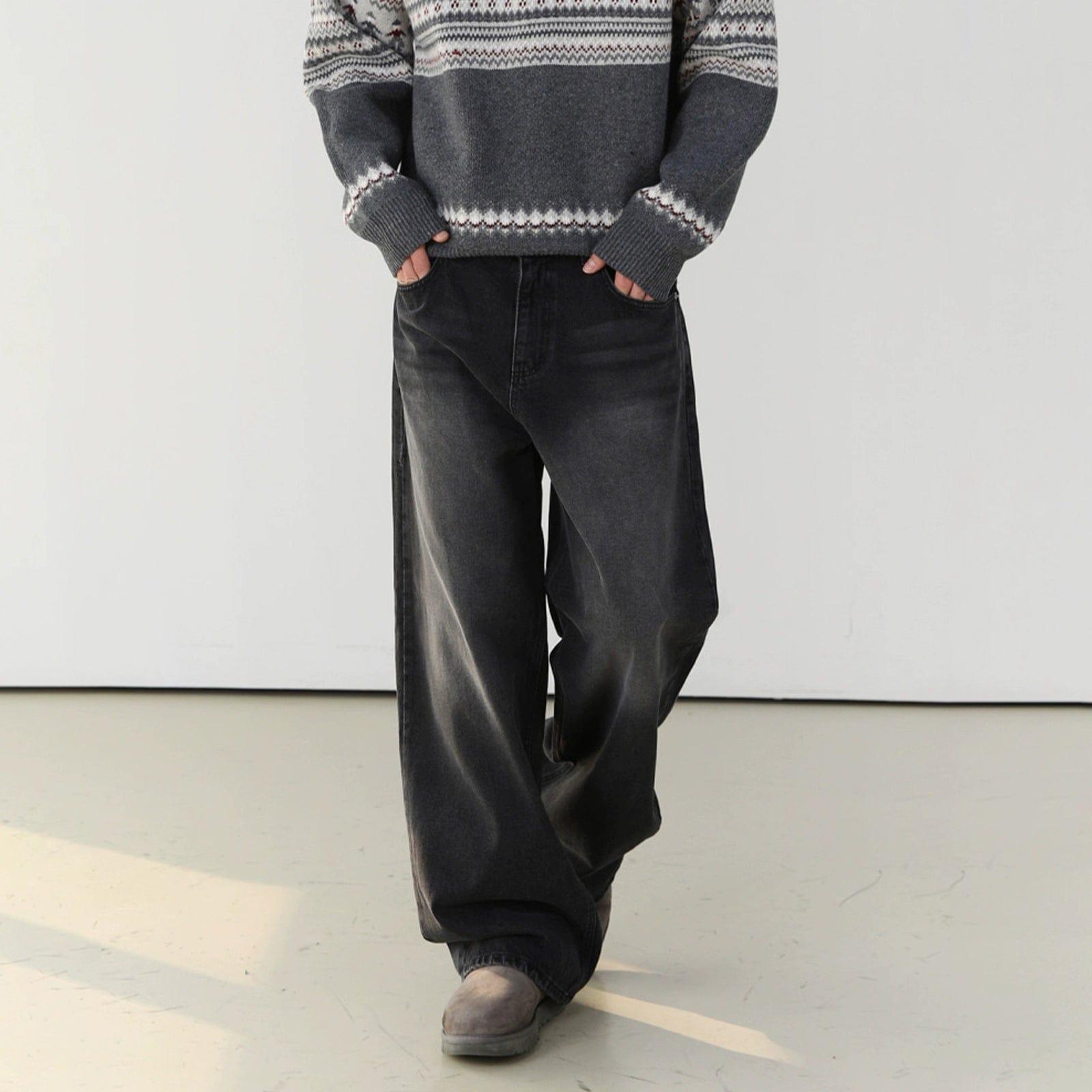 RT No. 10813 WASHED BLACK WIDE STRAIGHT DENIM JEANS Product Image