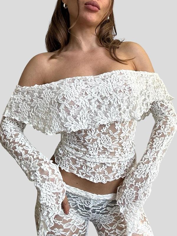 Lace Off Shoulder Long Sleeve Tee & Flared Pants Set Product Image