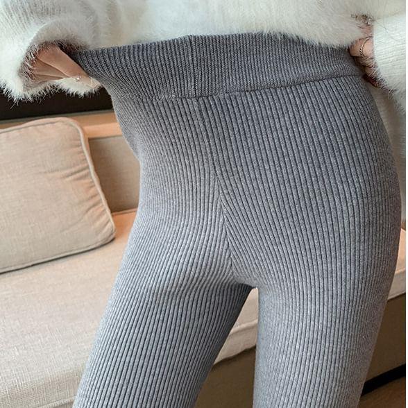 Elastic Waist Fleece-Lined Ribbed Leggings Product Image