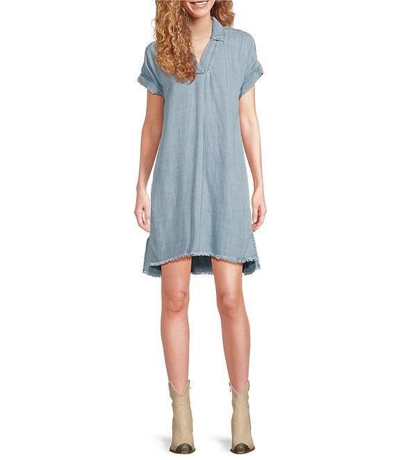 Reba V-Neck Short Cap Sleeve Frayed Hem Chambray Shift Dress Product Image