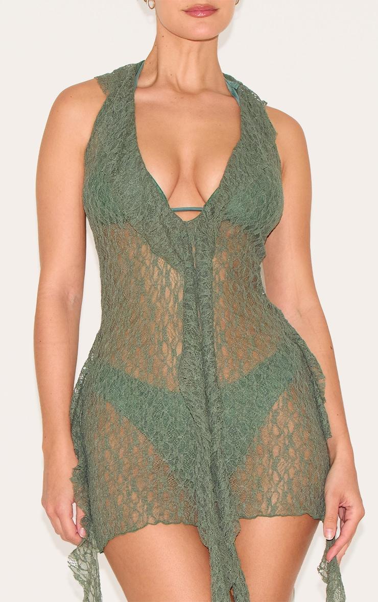 Khaki Lace Frill Detail Mini Beach Dress Product Image
