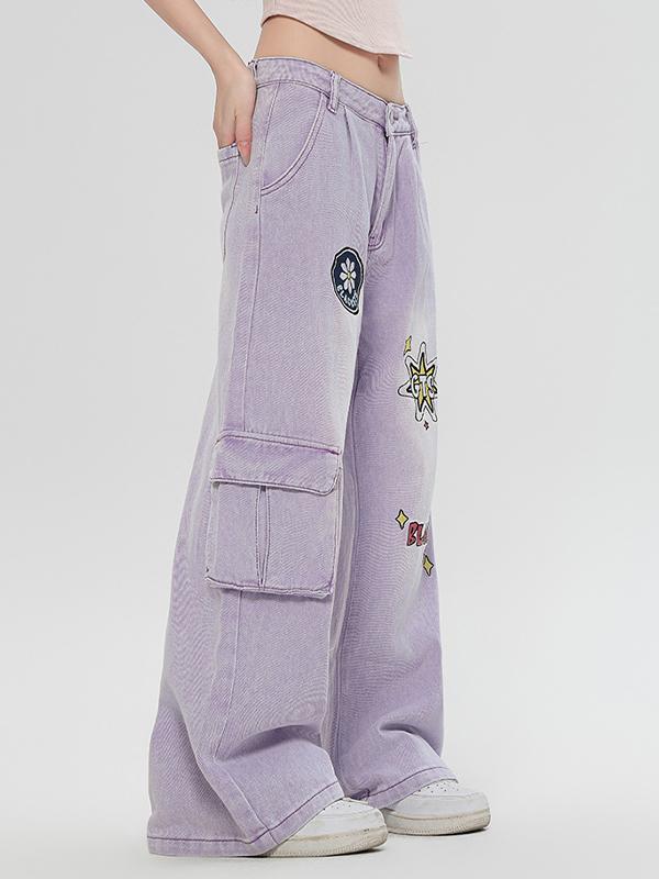 Graffiti Print Straight Cargo Jeans Product Image