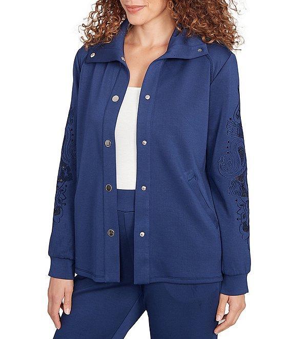 Ruby Rd. Solid Scuba Open Floral Cut-Out Embroidered Long Sleeve Snap-Front Jacket Product Image