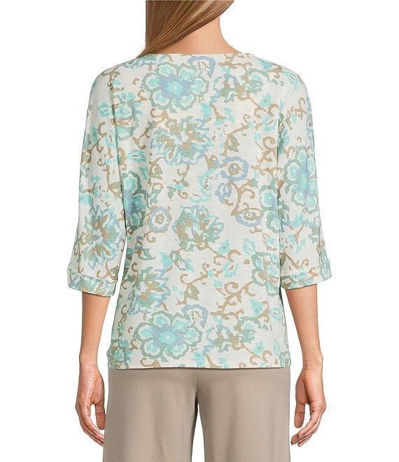 Multiples Petite Size Slub Knit Batik Multi V-Neck 3/4 Dolman Sleeve Top Product Image