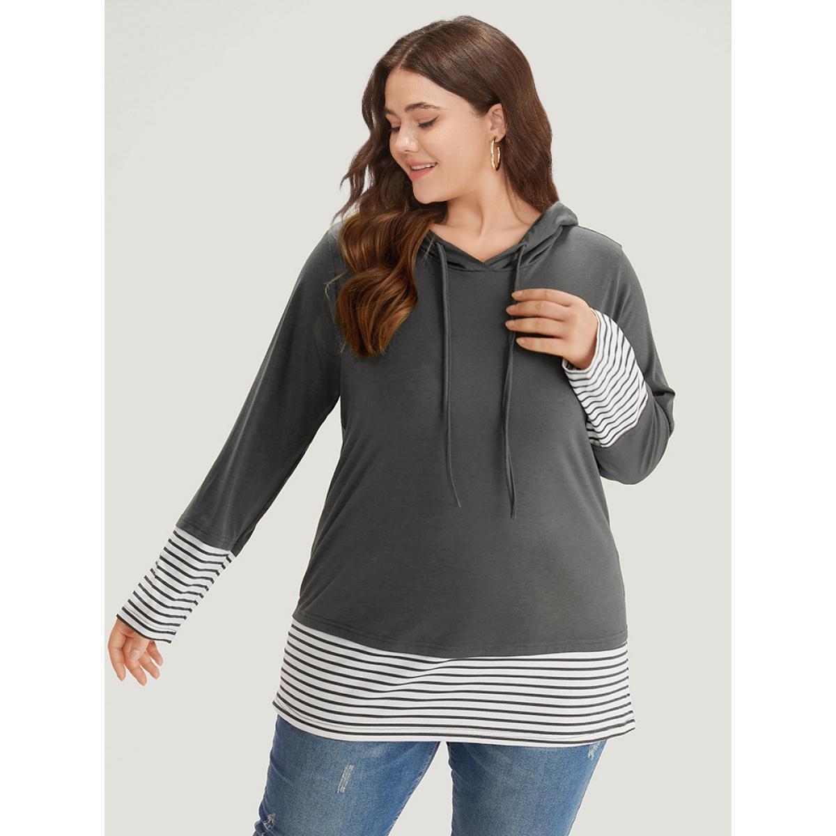 Plus Size Striped Patchwork Hooded Drawstring T-shirt Russet Women Casual Patchwork Striped Hooded Dailywear T-shirts BloomChic 28/5X Product Image