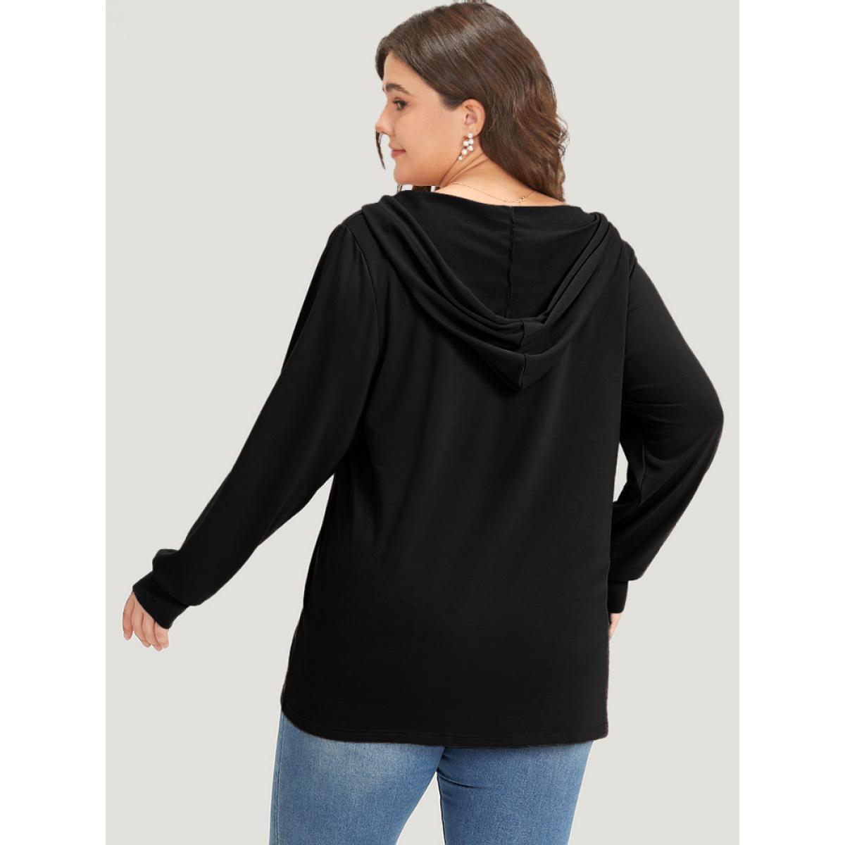 Plus Size Plain Button Up Drawstring Hooded Sweatshirt Women Black Casual Elastic cuffs Hooded Dailywear Sweatshirts BloomChic 28/5X Product Image