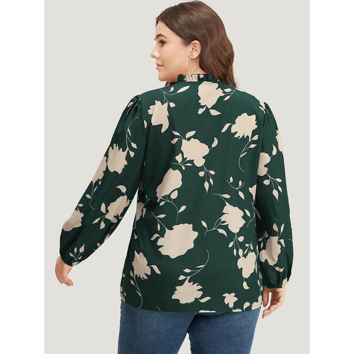 Plus Size DarkGreen Silhouette Floral Print Stand Collar Tie Neck Blouse Women Elegant Long Sleeve Tie Neck Dailywear Blouses BloomChic 12/L Product Image