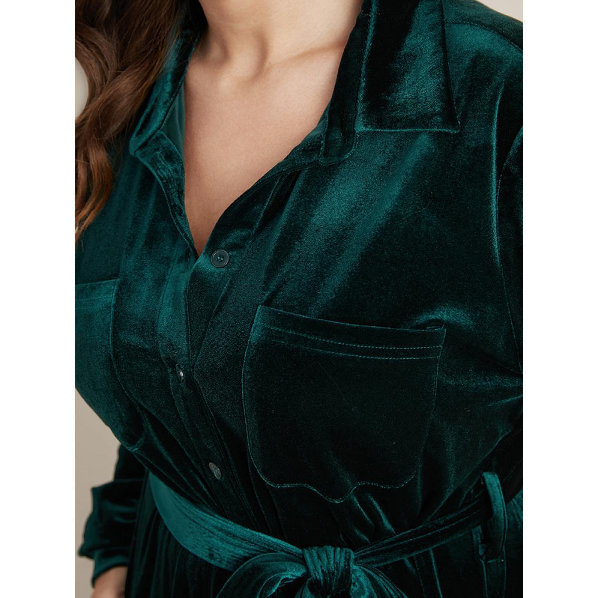 Plus Size Solid Shirt Collar Pocket Button Up Belted Velvet Dress DarkGreen Women Party Shirt collar Long Sleeve Curvy Midi Dress BloomChic 10/M Product Image