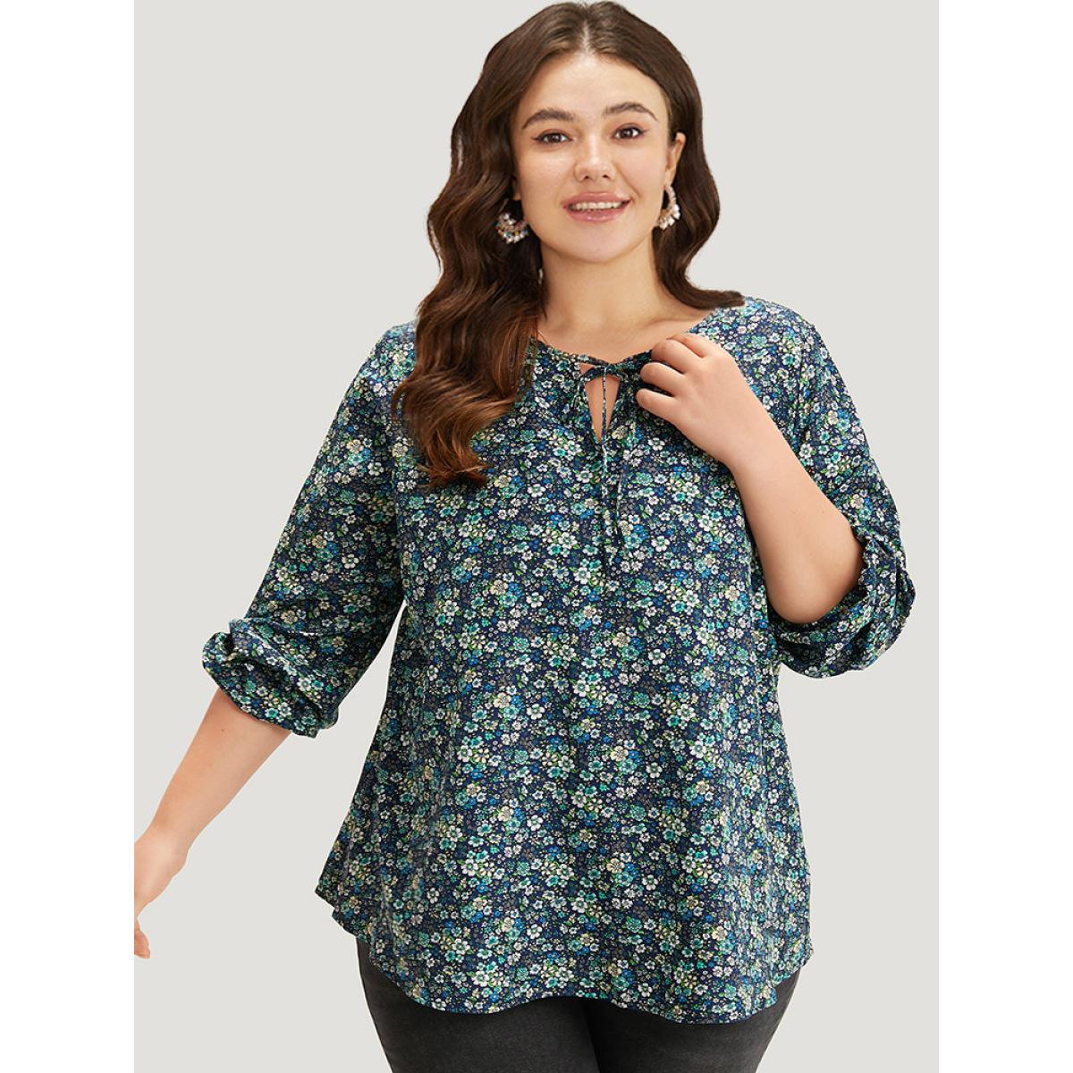 Plus Size Indigo Ditsy Floral Knot Neck Elastic Cuffs Blouse Women Elegant Long Sleeve Tie Neck Everyday Blouses BloomChic 22-24/3X Product Image
