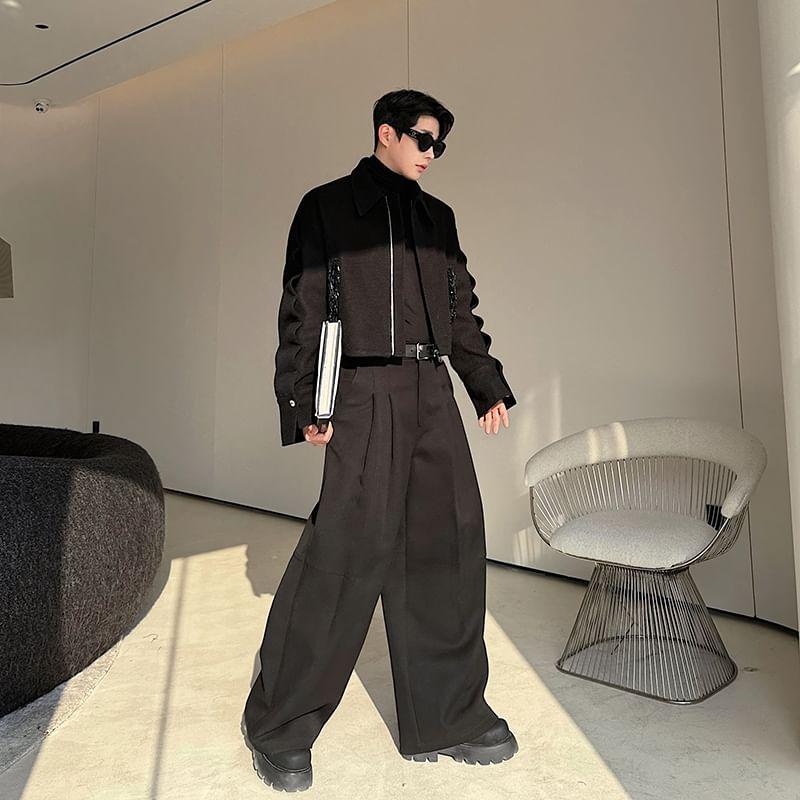 Long Sleeve Plain Zip Up Cropped Jacket Product Image