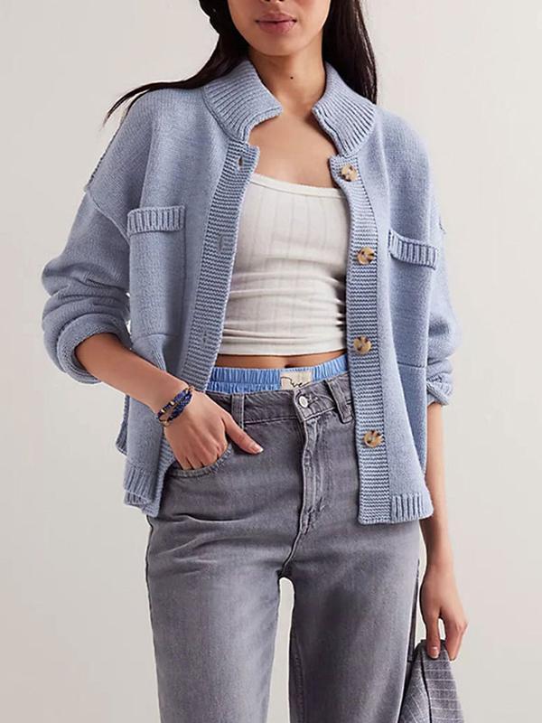 Long Sleeves Loose Buttoned Pockets Solid Color Split-Joint Stand Collar Cardigan Tops Product Image