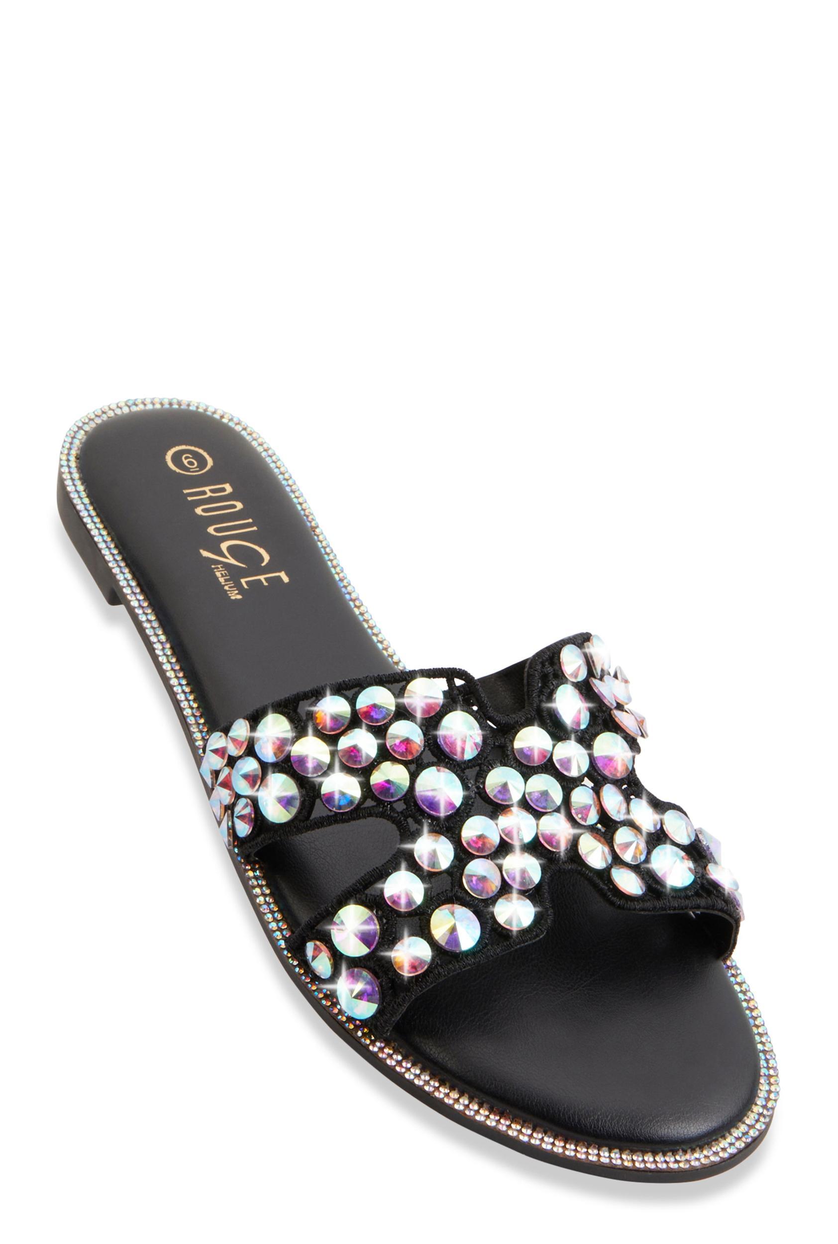 Womens Studded Rhinestone Cut Out Band Slide Sandals Product Image