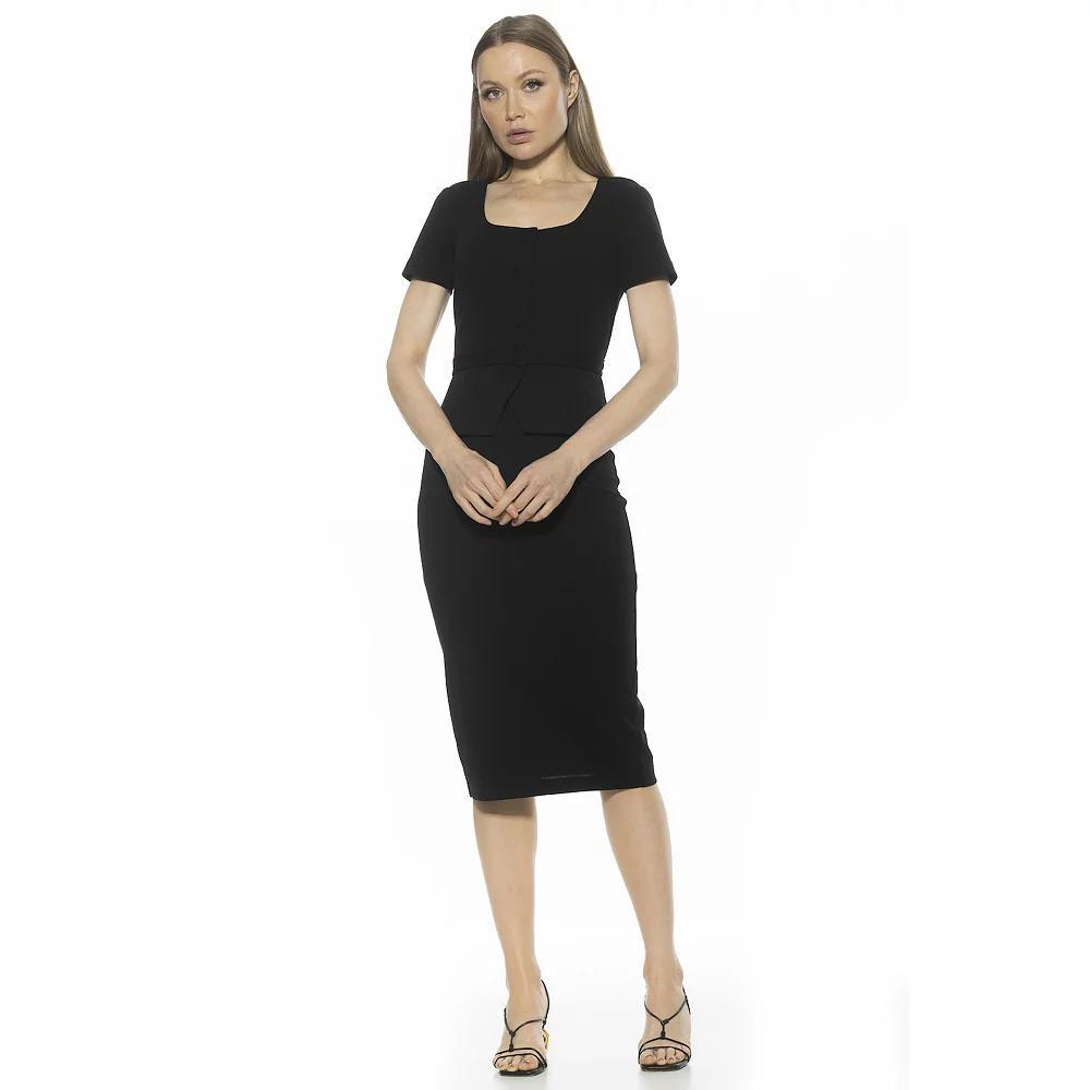 Women's ALEXIA ADMOR Vance Square Neck Short Sleeve Peplum Sheath Dress, Size: Medium, Black Product Image