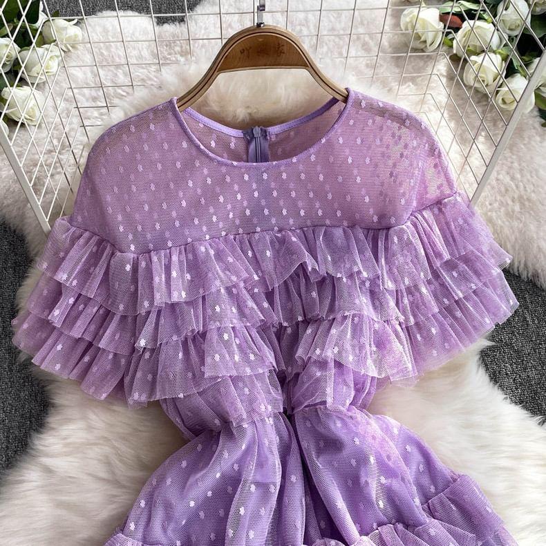 Short-Sleeve Dotted Ruffle Mesh Maxi A-Line Dress Product Image