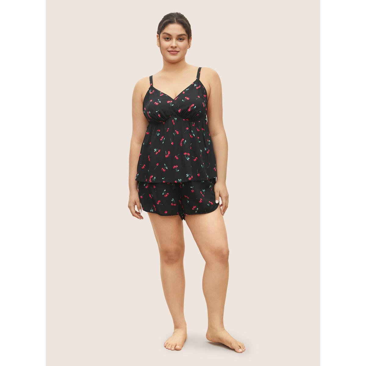 Plus Size Cherry Print Adjustable Straps Loungewear Set Women Black Contrast Sleeveless V-neck Lounge Loungewear Sets BloomChic 26/4X Product Image