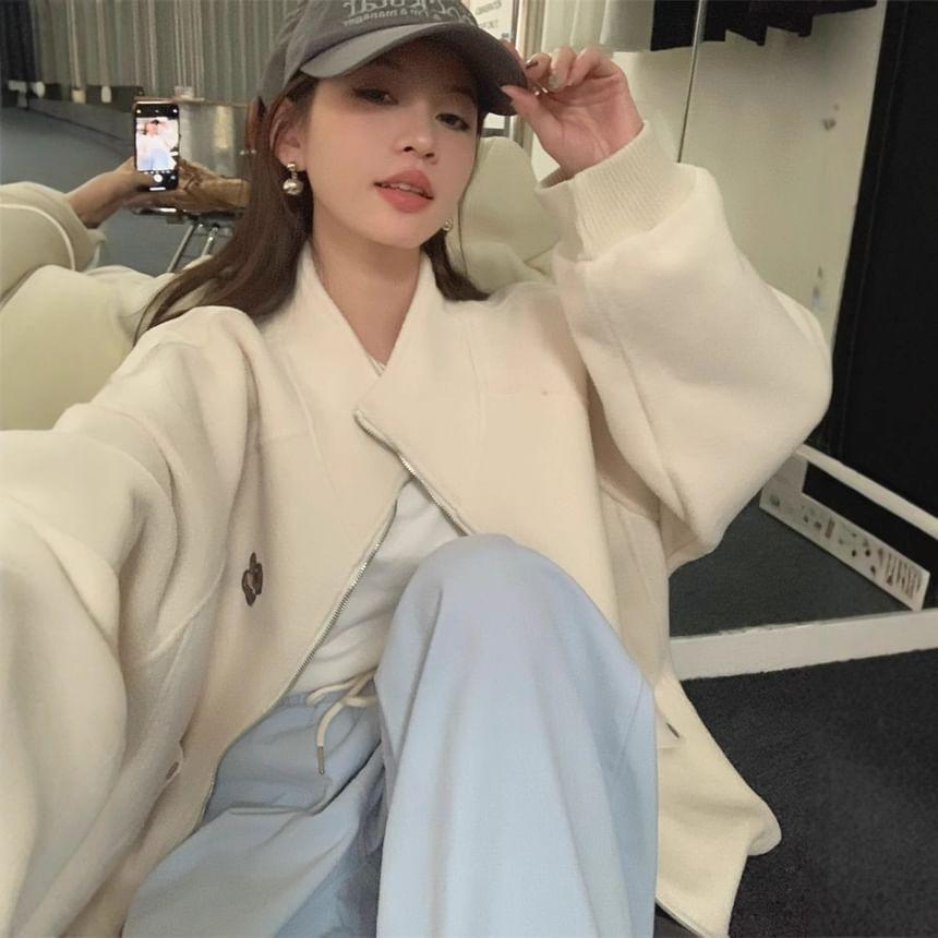Long Sleeve Bear Print Fleeced Loose-Fit Zip-Up Jacket Product Image