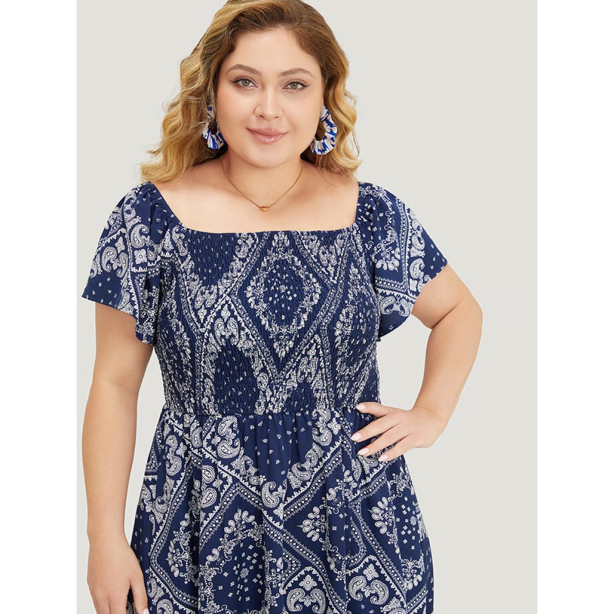 Plus Size Paisley & Moroccan Print Pocket Shirred Square Neck Split Dress DarkBlue Women Vacation Slit One-shoulder neck Short sleeve Curvy Midi Dress BloomChic 28/5X Product Image