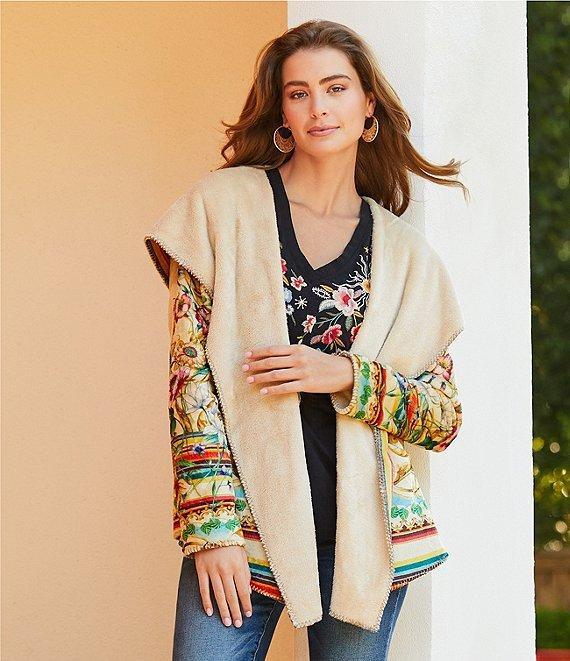 JOHNNY WAS Lissa Embroidered Floral Print Cotton Knit Jersey V-Neck Short Flutter Sleeve Tee Shirt Product Image
