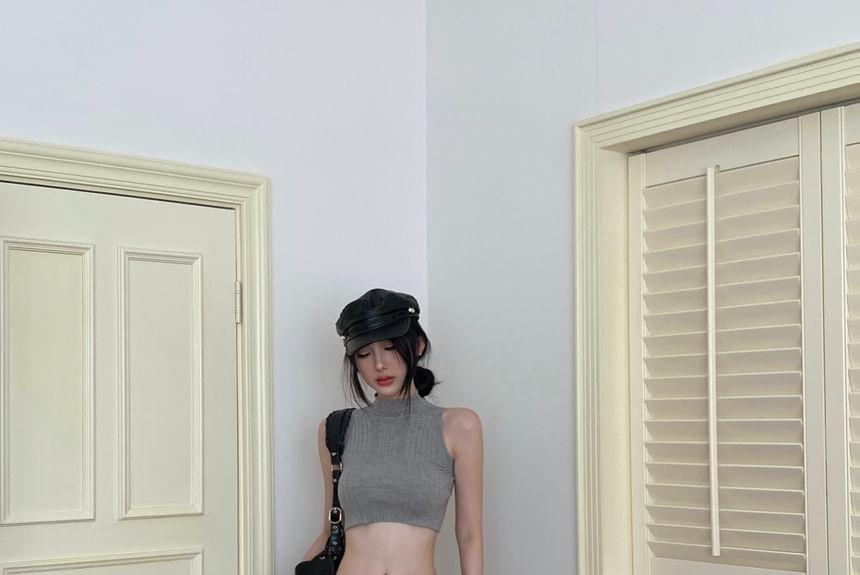 Mock Neck Plain Ribbed Knit Crop Tank Top / Low Rise Studded Flared Jeans Product Image