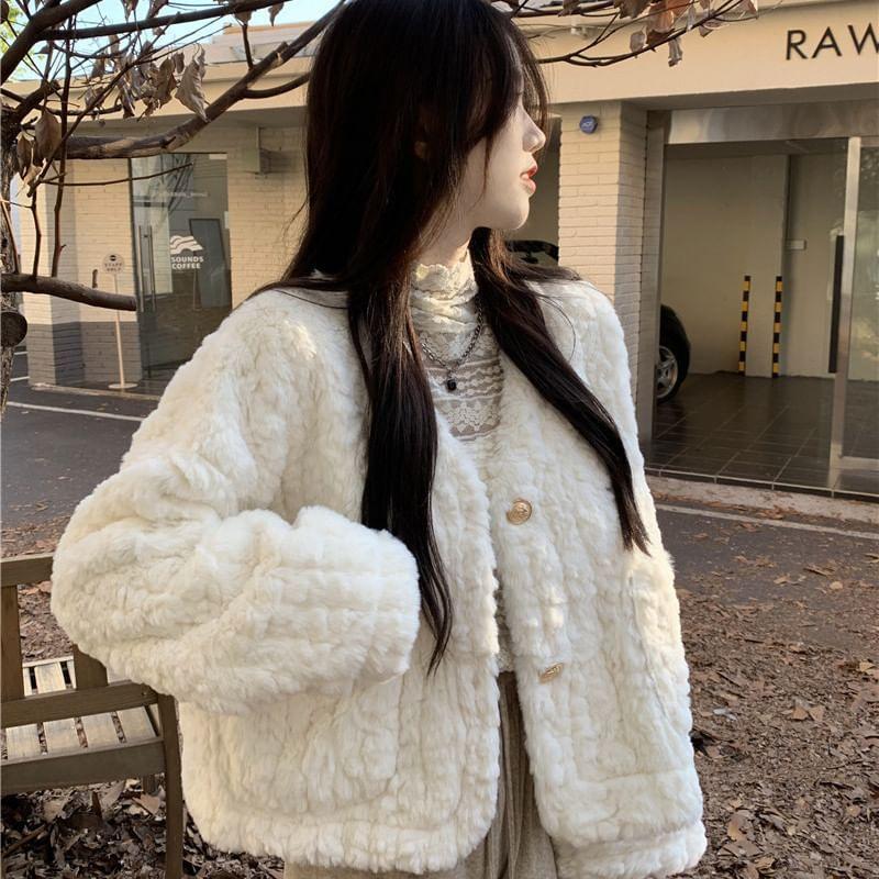 V-Neck Plain Fluffy Button-Up Jacket Product Image