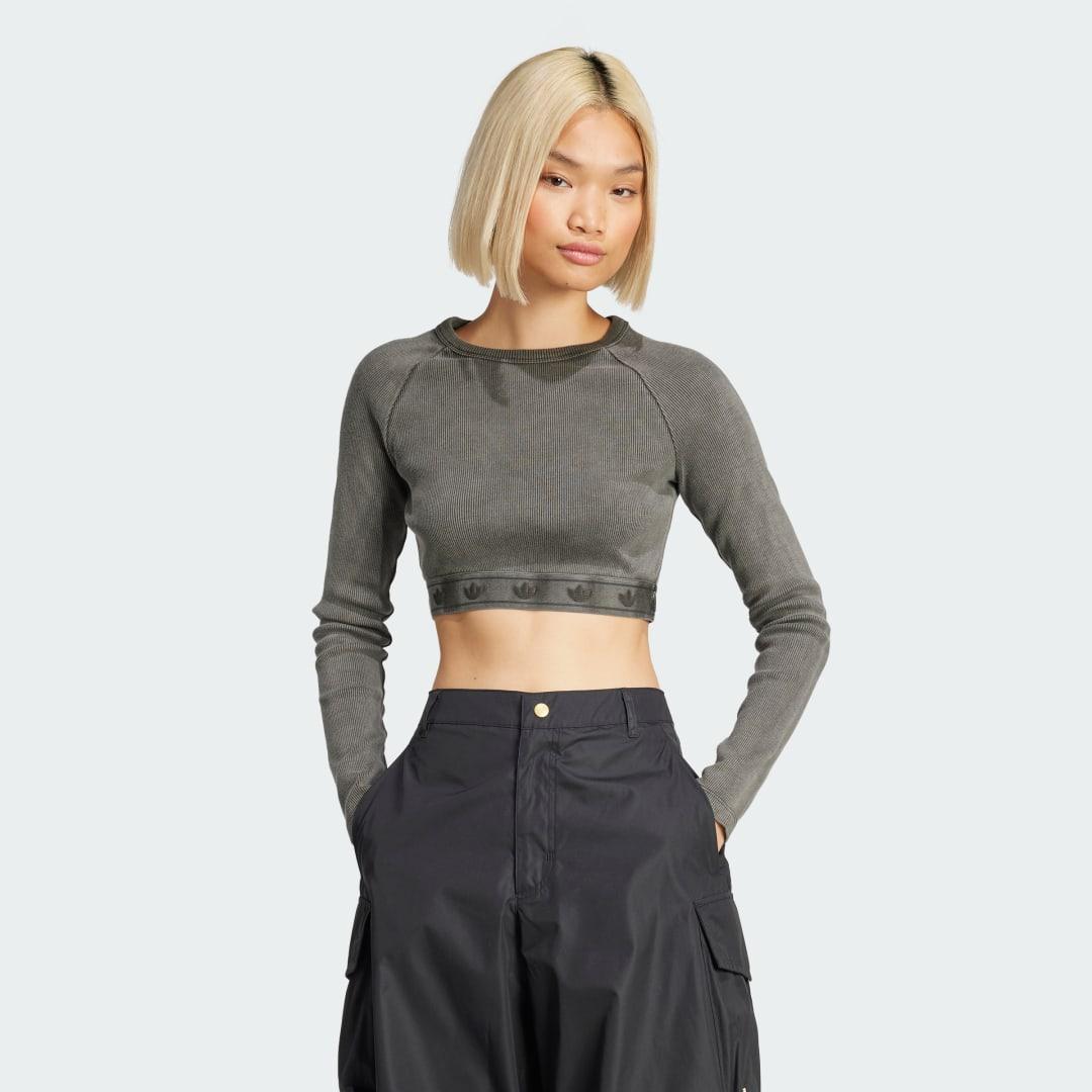adidas Ribbed Long Sleeve Crop Top Black M Womens Product Image