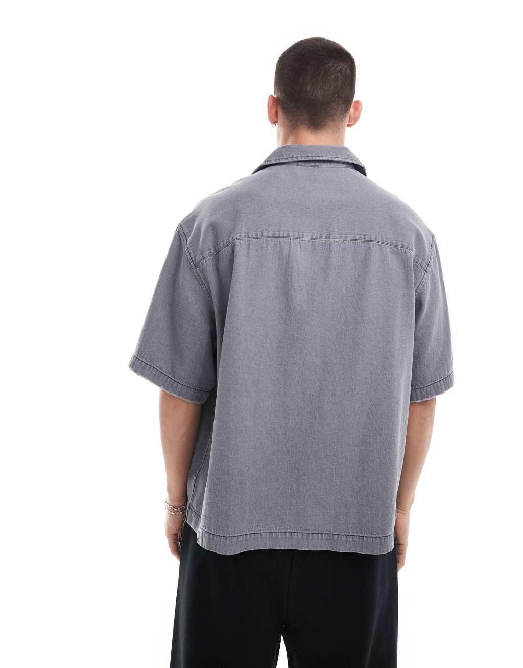 ASOS DESIGN boxy oversized camp cropped denim shirt in gray Product Image