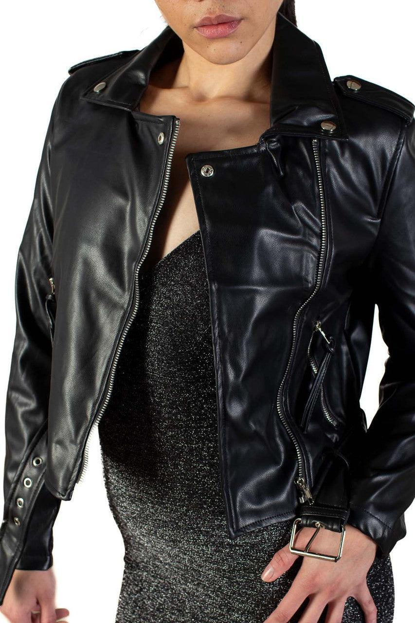 Pleather Cropped Motorcycle Jacket Product Image