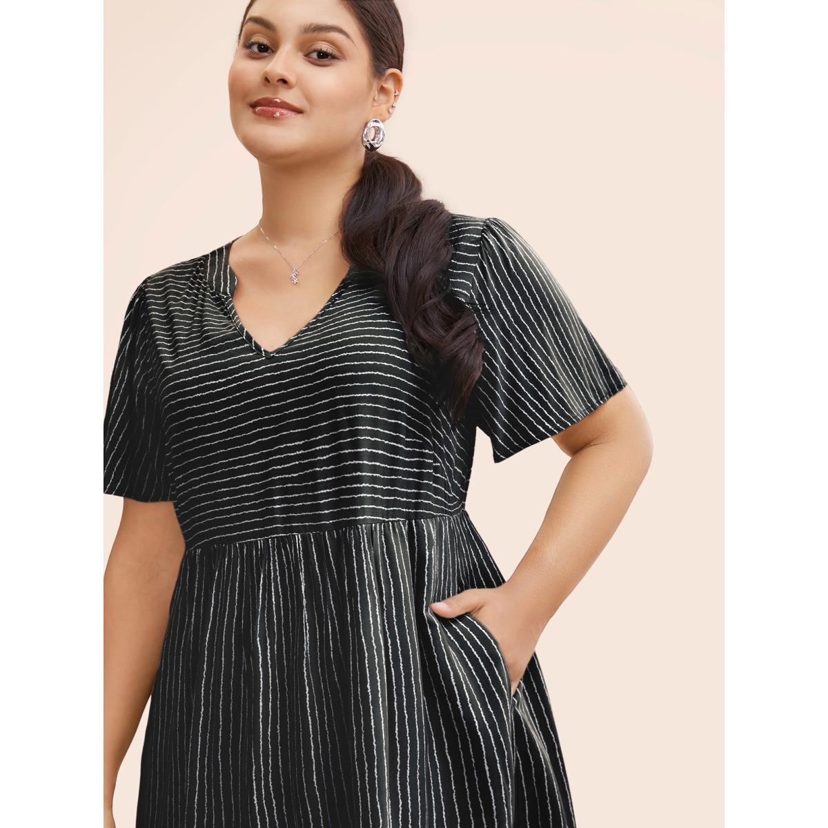 Plus Size Striped Patchwork Notched Flutter Layered Babydoll Dress Black Women Office Gathered Notched collar Short sleeve Curvy Midi Dress BloomChic 18-20/2X Product Image