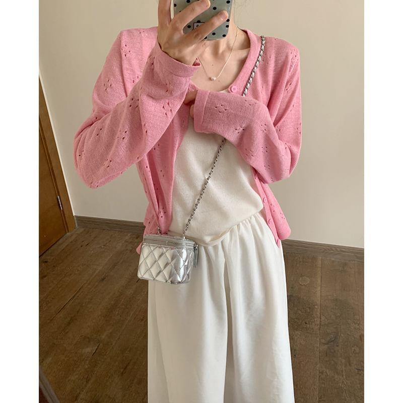 Round Neck Plain Pointelle Cardigan Product Image
