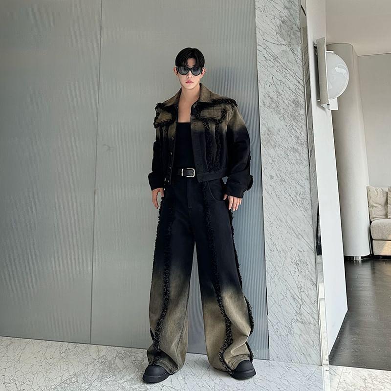 Set: Collar Fringed Washed Denim Button Jacket + Mid Rise Wide Leg Jeans Product Image
