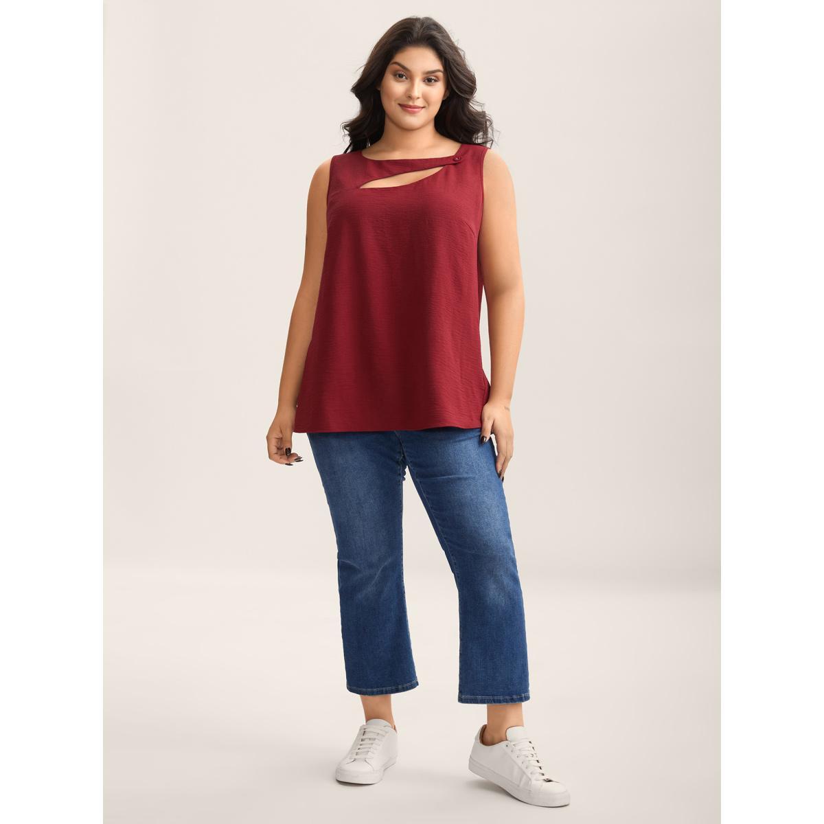 Plus Size Asymmetrical Neckline Cut-Out Solid Tank Top Women Burgundy Button Asymmetrical Neck Everyday-Casual Tank Tops Camis BloomChic 22-24/3X Product Image